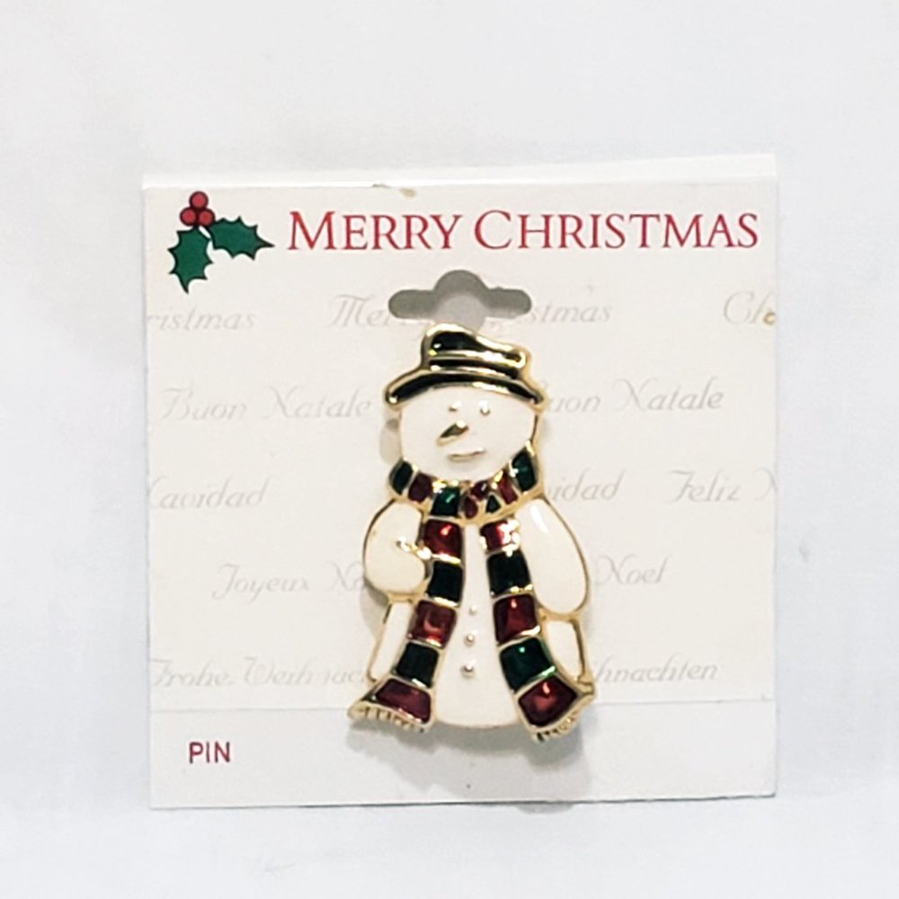 Snowman with long Scarf Winter Brooch Pin White Red Green Gold 1.5" Kmart
